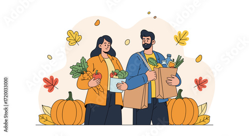 Flat vector illustration of man and woman holding shopping bags filled with fresh organic vegetables, surrounded by pumpkins, apples, and leaves, simple colorful design on white background