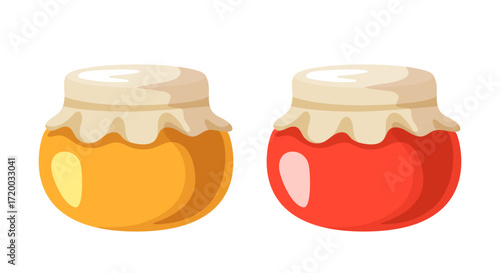 Jar of honey and jar of jam. Vector flat clip art isolated on white background