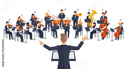 Orchestra Conductor Leading Symphony with Musicians Playing Instruments – Flat Vector Illustration on White Background for Music Concept Design