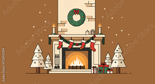 Flat vector illustration of elegant fireplace with Christmas decorations, cozy retro winter scene in minimalist style, brown background, warm lighting, and cute Christmas trees in vintage design
