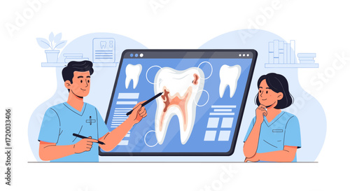 Flat vector illustration of dental professionals examining teeth on digital screen with isometric icons, dental equipment, and AI software for tooth avatar creation, isolated on white background