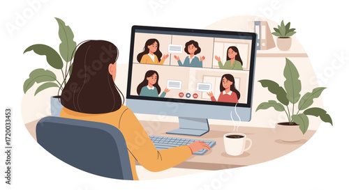 Vector design of remote worker at desk in virtual meeting with multiple people on monitor, pastel background and cozy details, perfect for digital workplace, teamwork, and online connection themes