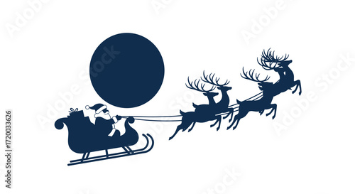 Flat vector illustration of Santa Claus flying in sleigh with reindeer against full moon on Christmas night, minimal design with simple shapes in blue, white, and black color palette