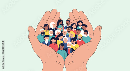 Minimalist vector illustration of diverse people held in two open hands, symbolizing support, compassion, and unity, flat design with muted colors on pastel background, isolated for community concept 