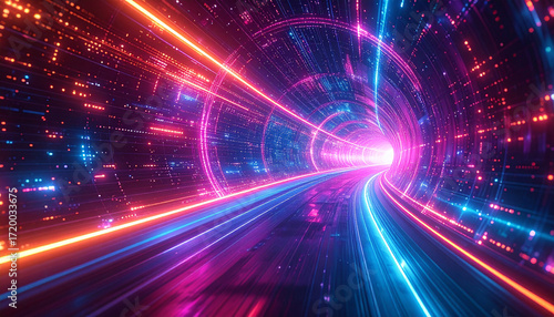 Abstract glowing data tunnel with neon light streams rushing forward, futuristic cyber vortex pattern. No people, no text, no watermark.