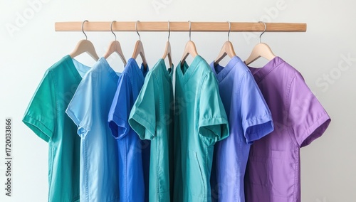 Row of colorful medical scrubs hanging on wooden hangers on a rack