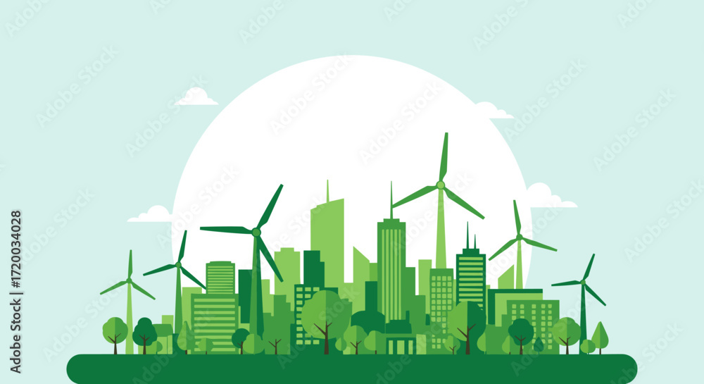Obraz premium Surreal flat vector illustration of eco green city with wind turbines and trees, sustainable urban landscape design on light blue background