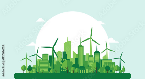 Surreal flat vector illustration of eco green city with wind turbines and trees, sustainable urban landscape design on light blue background