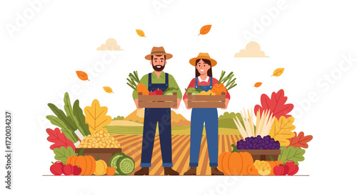 Flat vector illustration of man and woman holding shopping bags filled with fresh organic vegetables, surrounded by pumpkins, apples, and leaves, simple colorful design on white background