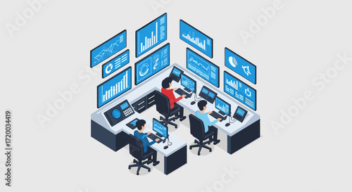 Vector design of isometric control room with operators, multiple monitors, and large wall screens displaying analytics charts, flat style in blue tones for technology and data visualization themes