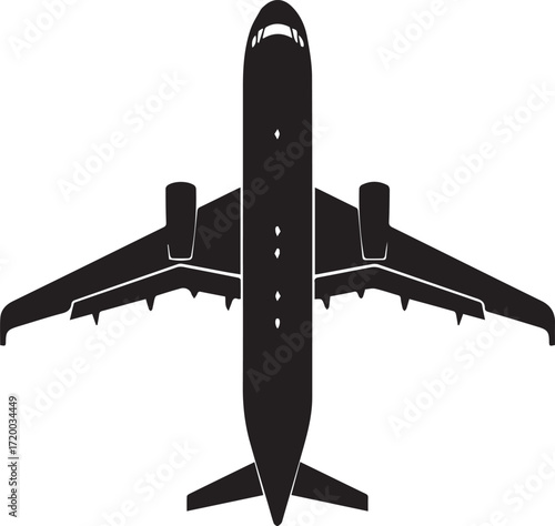 Top view silhouette of a modern airplane isolated on white background