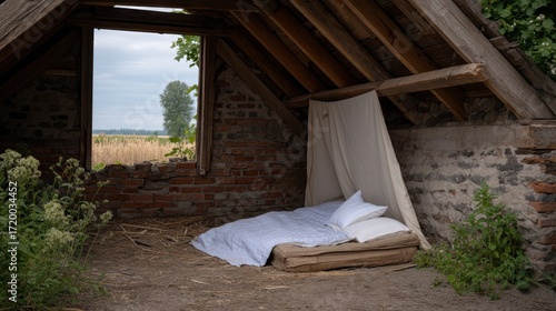Cozy Makeshift Shelter Built Under Crumbled Barn Roof with Simple Bedding and Greenery Outside