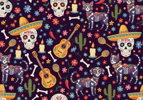 Festive Día de los Muertos Pattern with Calaveras Skeleton Pets and Guitars.