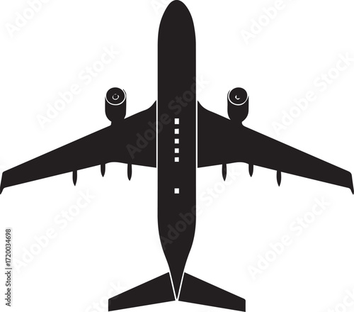 Top view silhouette of a modern airplane isolated on white background