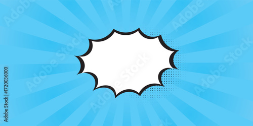 Pop art halftone background. Comic starburst pattern. Blue banner with star speech bubble. Vintage duotone texture. Gradient wow design. Cartoon superhero print. Vector illustration.