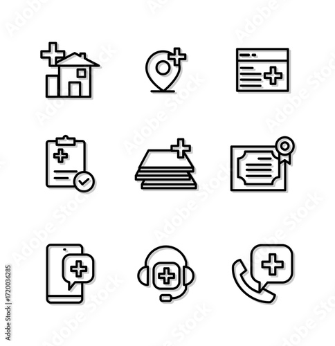 Medical and healthcare line icon set representing telehealth, online doctor consultation, and emergency patient support services