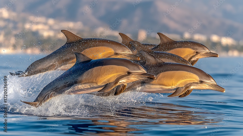 Fototapeta premium Group of Dolphins Jumping in Clear Blue Ocean Water, Capturing Joyful Moment of Marine Life