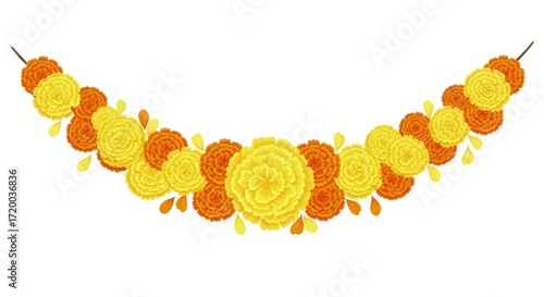 Vibrant Arc of Yellow and Orange Marigolds a Traditional Indian Festival Garland.