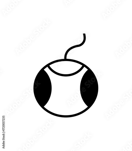 Stylized drawing of an eyeball with a nerve or string attached, depicted in black and white.