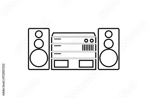 A minimalist line drawing of a stereo system with speakers, amplifier, and other audio components.