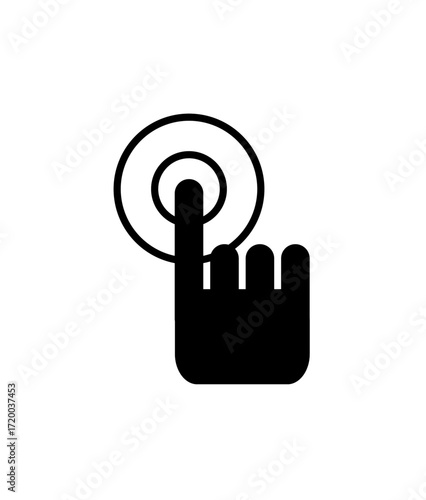 A finger presses a circular button, a simple touch interaction icon.