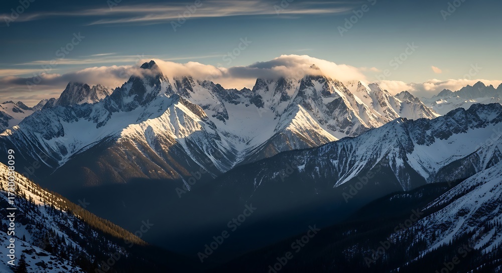 Fototapeta premium A majestic vista of snow-capped peaks bathed in the soft light of a tranquil mountain sunset.