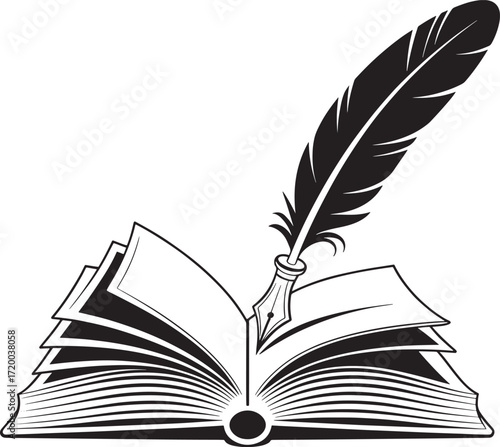 Open book with a quill pen dipping into the page in black and white writing literature