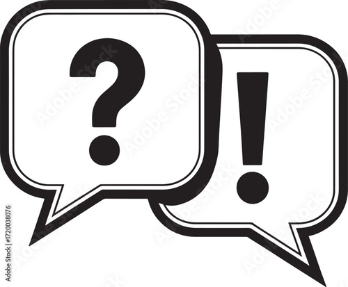 Black and white graphic of two speech bubbles with question and exclamation marks chat dialogue