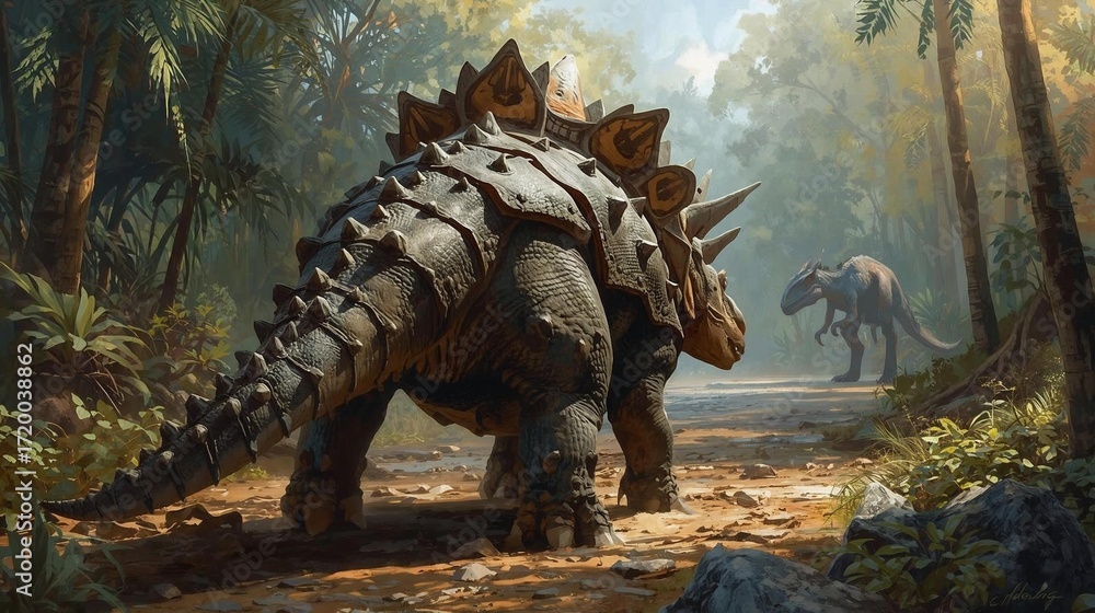 Fototapeta premium Ankylosaurus Using Tail Club to Ward Off Predator in Prehistoric Forest AI generated effects 