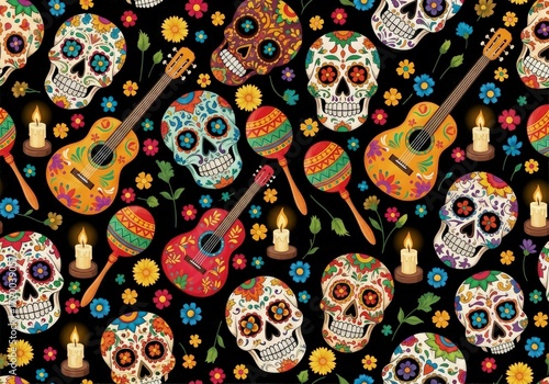 Luminous Dia de los Muertos Night: A Festive Tapestry of Sugar Skulls Guitars and Candlelight.