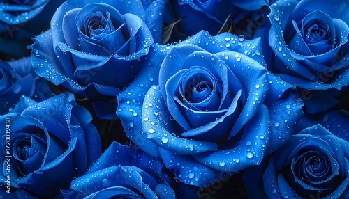 Close-up of vibrant blue roses, glistening with water droplets. A romantic bouquet. Petals are detailed