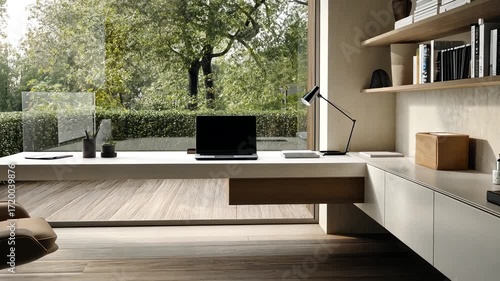 Modern office workspace with natural view