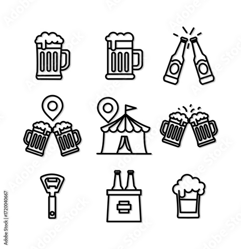 A detailed set of beer festival outline icons, including mugs, bottles, and a tent, perfect for pub or brewery themes