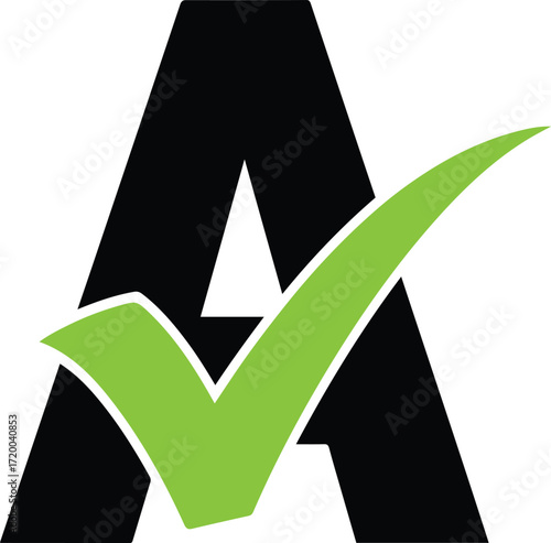 Vector art of a bold black letter a with a vibrant green checkmark overlay, , symbolizing approval, success, and positive affirmation
