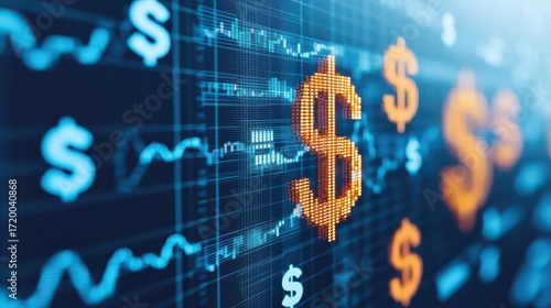 A digital representation of financial data with dollar signs, showcasing fluctuating graphs and currency trends in a modern, tech-inspired design.