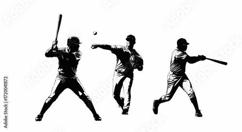 Dynamic silhouettes of baseball players in action, illustrating the swift power of batting, pitching, and agile running, capturing the energetic spirit of the game