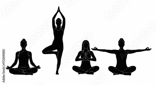 A diverse collection of female silhouettes practicing yoga in various poses, including tree pose and lotus position, for promoting wellness, mindfulness, and a healthy lifestyle