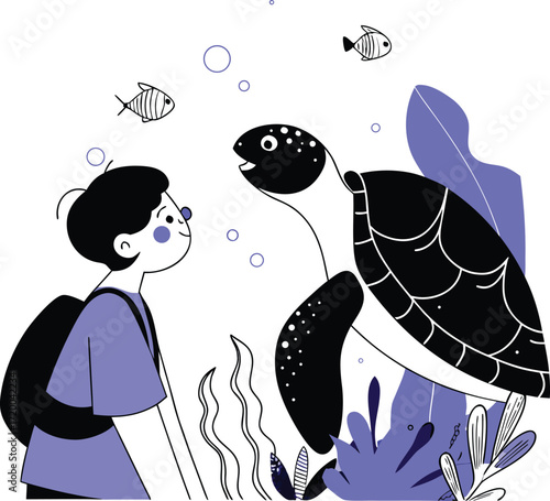 A fun cartoon vector illustration of an underwater world map with a fish