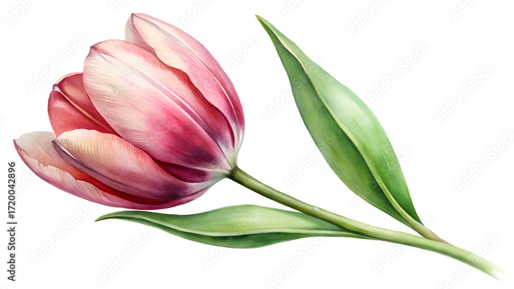 Fototapeta premium Elegant Watercolor Pink Tulip Blossom, Delicate Spring Floral Illustration, Romantic Botanical Design