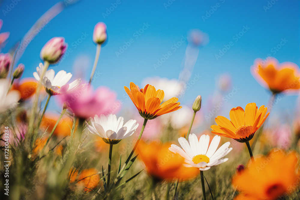 Obraz premium Colorful wildflowers against bright blue sky in meadow