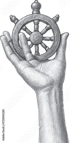Vintage illustration of a hand presenting the Dharmachakra, a sacred Buddhist icon of spiritual teaching