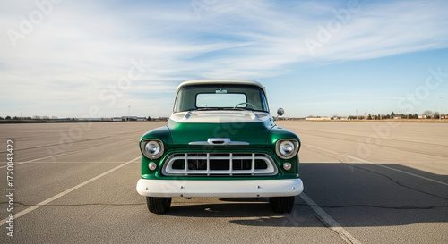 Symmetrical front view of a green and white classic pickup truck on an airfield