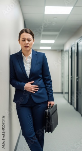 Wallpaper Mural Woman with abdominal pain in office corridor. Businesswoman suffering stomach ache or period pain at work. Health issue concept. Torontodigital.ca