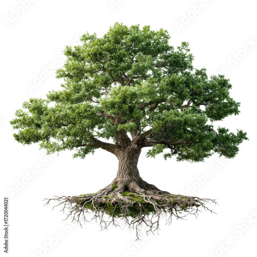 Large green tree with exposed roots and thick trunk showing natural beauty isolated transparent Background.