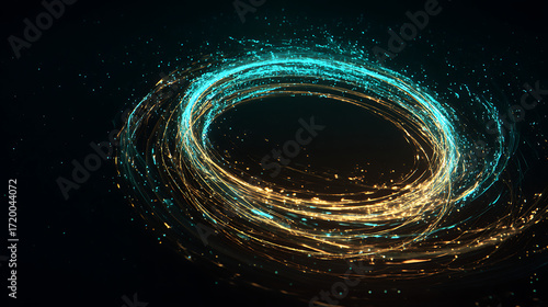 Abstract glowing energy ring with blue and golden particles, futuristic vortex background