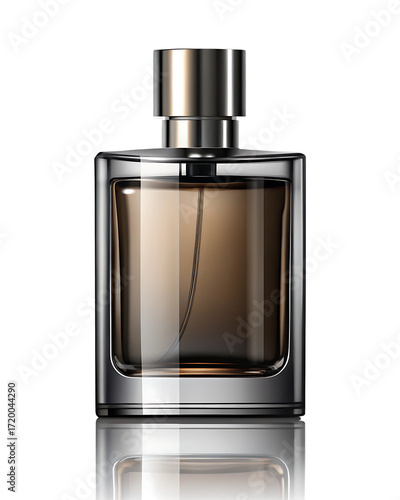Rectangular glass perfume bottle with amber liquid and silver cap reflection fragrance isolated on a transparent background