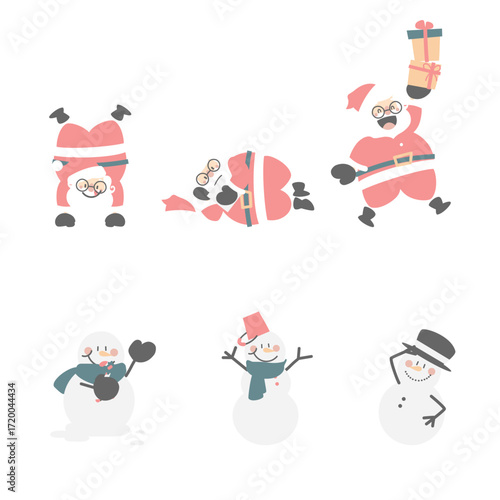 merry christmas and happy new year with cute santa claus and snowman, flat vector illustration cartoon character costume design