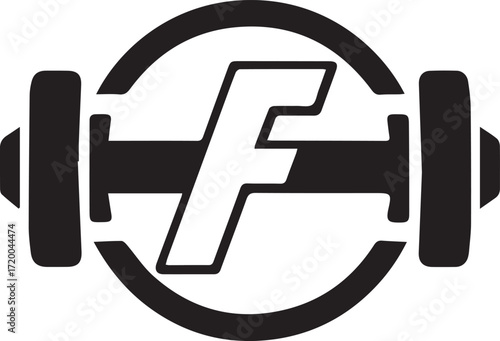 Fitness icon with barbell and letter F in a circle representing strength and exercise