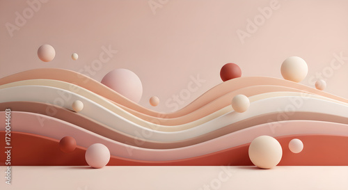 Abstract Wavy Shapes Pink Beige Terracotta 3D Render Copy Space