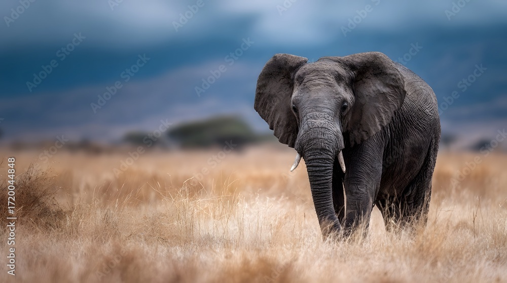 Fototapeta premium Majestic African elephant stands in dry savanna grassland under dramatic sky